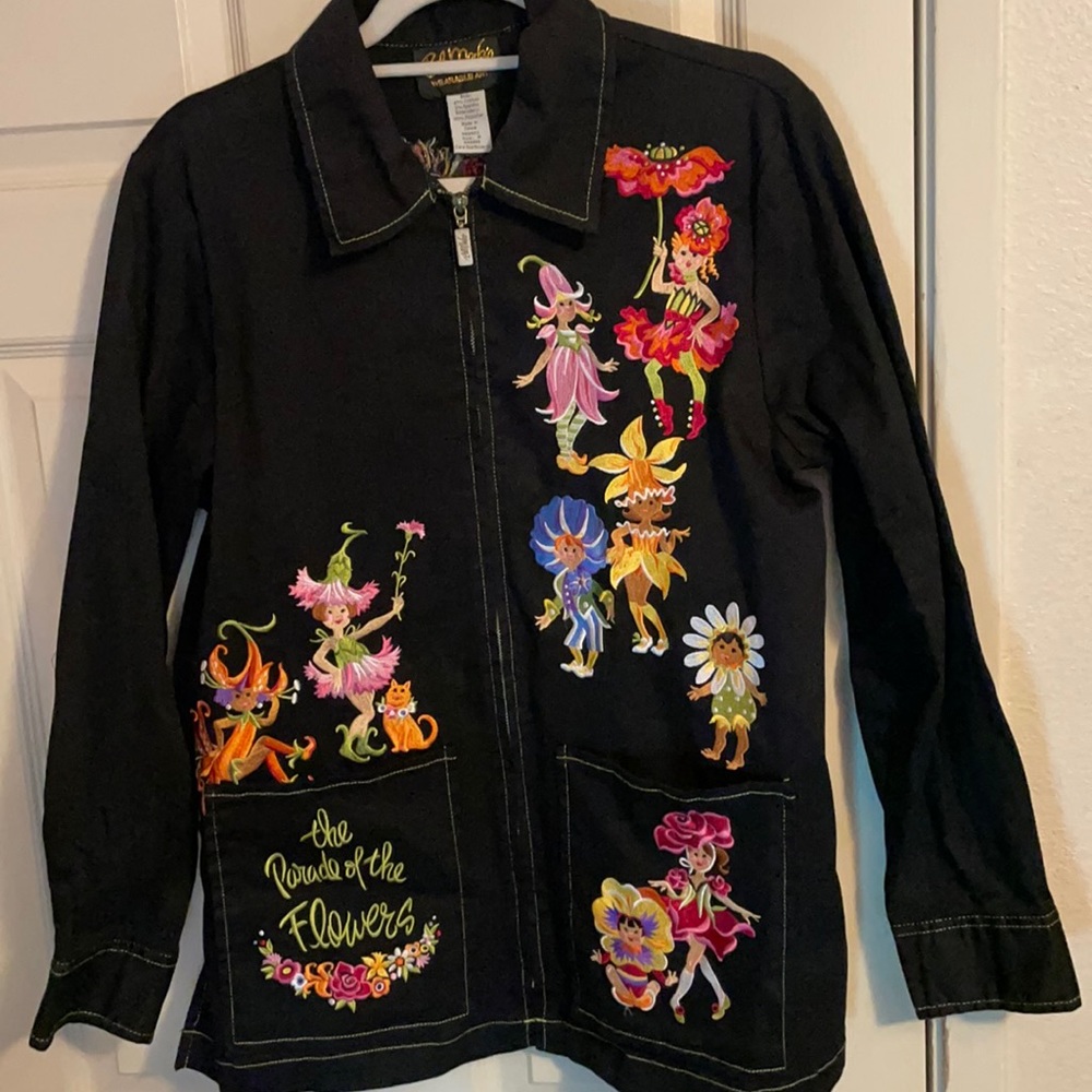 Bob Mackie The Parade of the Flowers Embroidered Black Zip Pant suit Size M